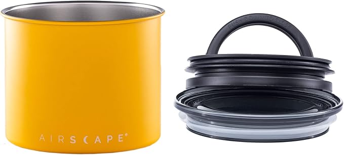 Planetary Design Airscape Stainless Steel Coffee Canister | Food Storage | Food Storage Container | US Patented Airtight Lid | Push Out Excess Air Preserve Food Freshness (Small, Matte Yellow)