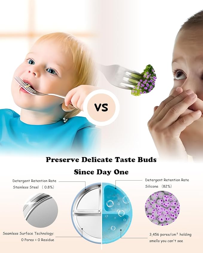 Bakpoco 8" Stainless Steel Toddler Plates with Suction, Divided Plates with Removable Silicone Sleeves for Baby, Non Toxic & BPA Free |Unbreakable |Dishwasher Safe Dinnerware Set of 3, Blue Gray Sage