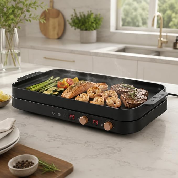 COOKTRON Portable Induction Cooktop 2 Burner with Removable Iron Cast Griddle Pan Non-stick, 1800W Double Induction Cooktop with Child Safety Lock & Time, Great for Family Party