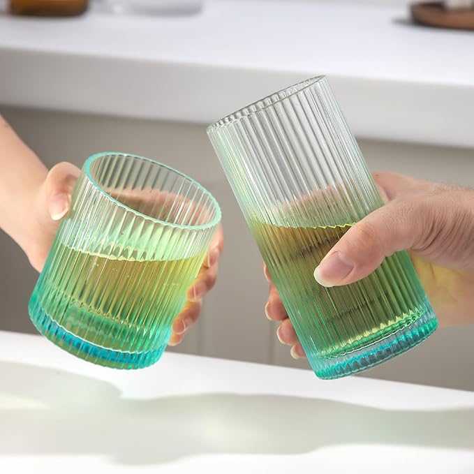 Ribbed Drinking Glasses 8pcs, 12oz and 10oz Glassware, Tumbler Glasses Cup Set for Wedding, Party, Christmas Gift, Blue