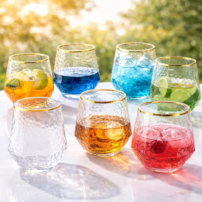 40 Pack Disposable Plastic Wine Glasses 12oz Diamond Gold Rim Stemless | Shatterproof BPA-Free Reusable Recyclable, Cocktail Whiskey Champagne Cups, Unbreakable Hammered, for Wedding Party Birthday
