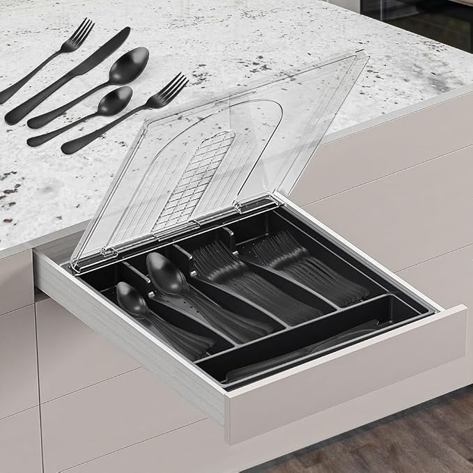 41-Piece Black Matte Silverware Set with Drawer Organizer, SANLUNS Stainless Steel Flatware Cutlery for 8 Utensil Set for Home Restaurant, Tableware Includes Knife Fork Spoon Set Dishwasher Safe