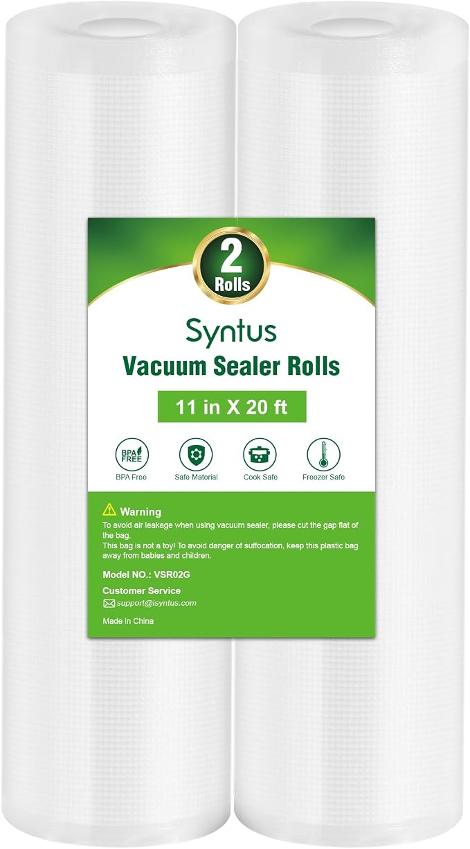 Syntus 2 Rolls 11" x 20' Vacuum Sealer Bags, BPA Free for Food Storage | 4mil Thick, Custom Length, Keep Food Fresh Longer, Freezer Microwave Sous Vide Cooking, Works with Most Vacuum Sealers