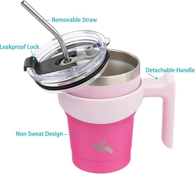 Konokyo 10 oz Tumbler with Handle and Straw, Insulated Travel Mug | Cherry; BPA-free, leak-proof tumbler with 2 lids, 2 straws, cup holder fit for coffee, office, travel & daily use