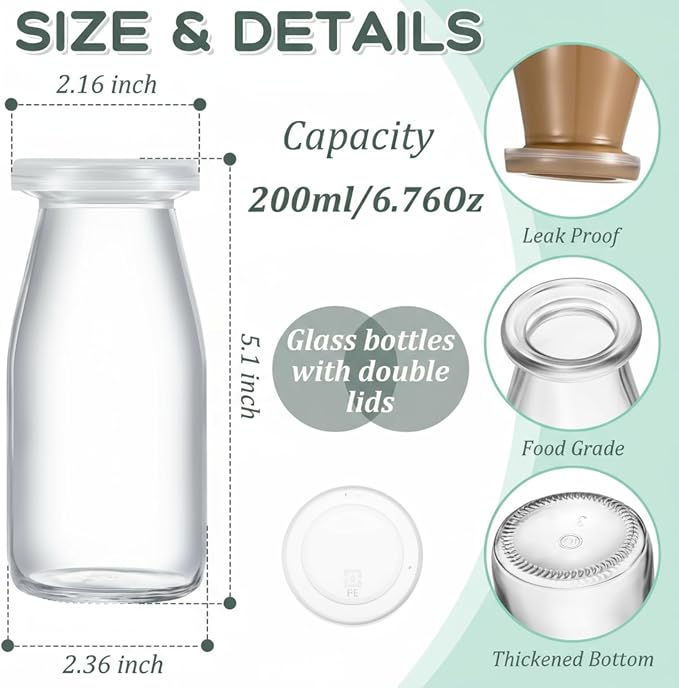 Zubebe 12 Pack 6 oz Glass Jars Milk Bottles with 24 Lids Mini Yogurt Jars | Reusable Small Glass Jars for Juice, Smoothie, Pudding, Jams, Overnight Oats, DIY Crafts, Party Favors, Gift Ideas