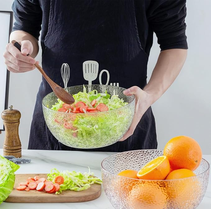 130 oz Acrylic Salad Bowls, 9.5" Serving Bowls for Fruits, Popcorn, Chips, Dips, Condiments, Break-Resistant Set of 2, Clear Circular