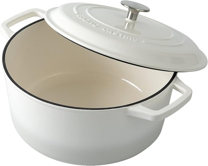 EDGING CASTING Enameled Cast Iron Dutch Oven Pot With Lid, Dutch Oven for Sourdough Bread Baking Round Pot Dule Handle, 7.5 Quart, White