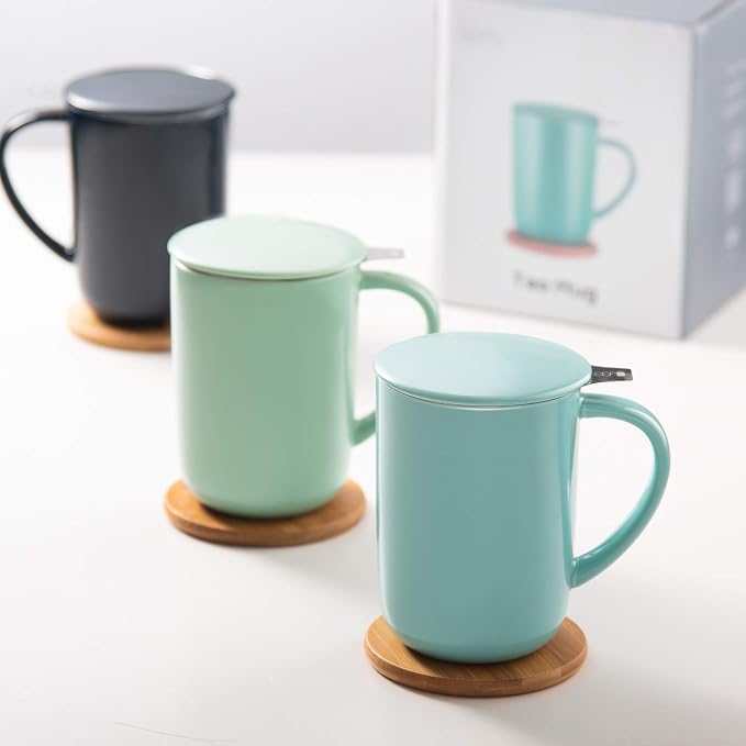 CEEFU 16oz Porcelain Tea Mug with Infuser, Lid and Coaster | Teaware with Filter, Loose Leaf Tea Cup Steeper Maker, Tea/Coffee/Milk/Women/Office/Home/Gift, Mint Green