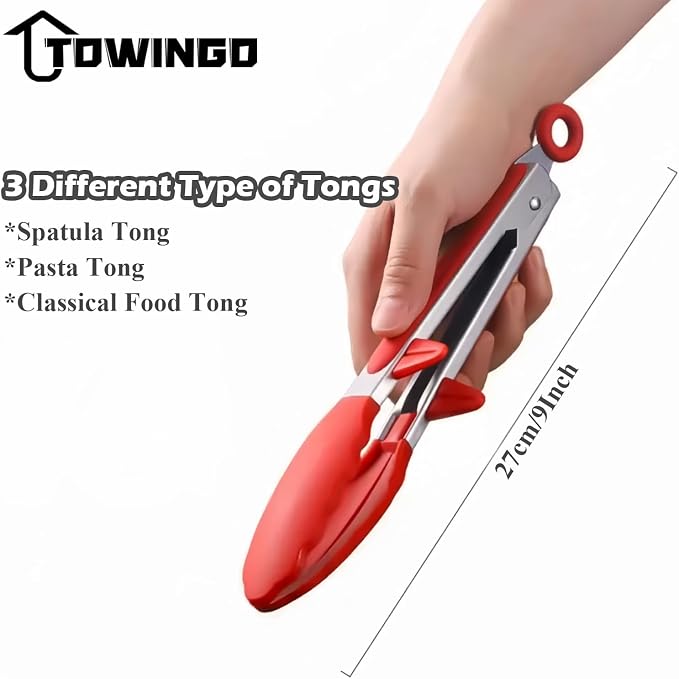 9" Kitchen Tongs for cooking with Silicone Tips, 3Pcs Serving Tongs, Red | Small Silicone Tongs mit kickstand, Food Grade, 3 different type of tongs, Stainless Steel