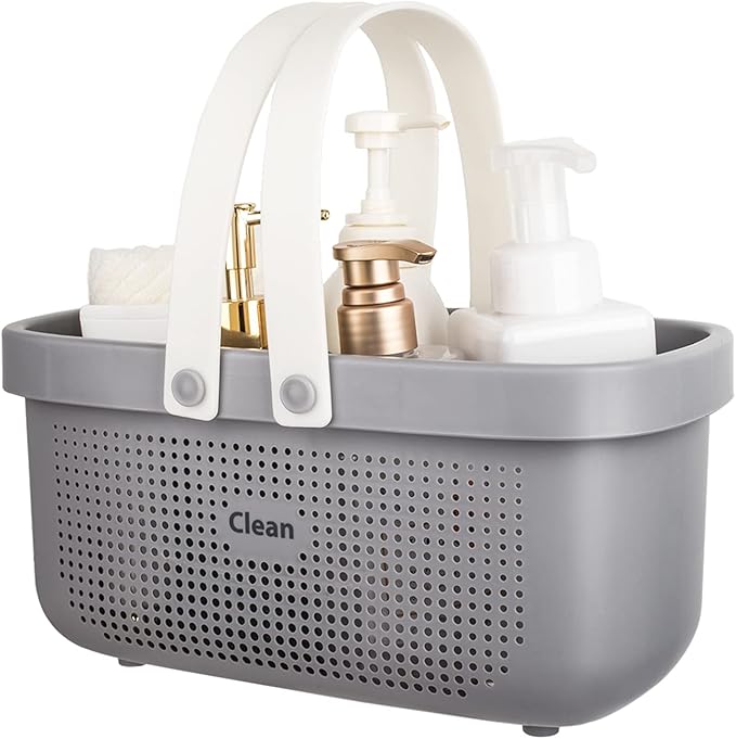 JiatuA Plastic Storage Basket with Handle Portable Shower Caddy Tote Organizer Basket Bin for Bathroom Kitchen Dorm Room Bedroom, Gray | Sturdy Drainage Large Capacity Organizer Basket with Silicone Handles for Bathroom Kitchen Bedroom College Dorm Ess...