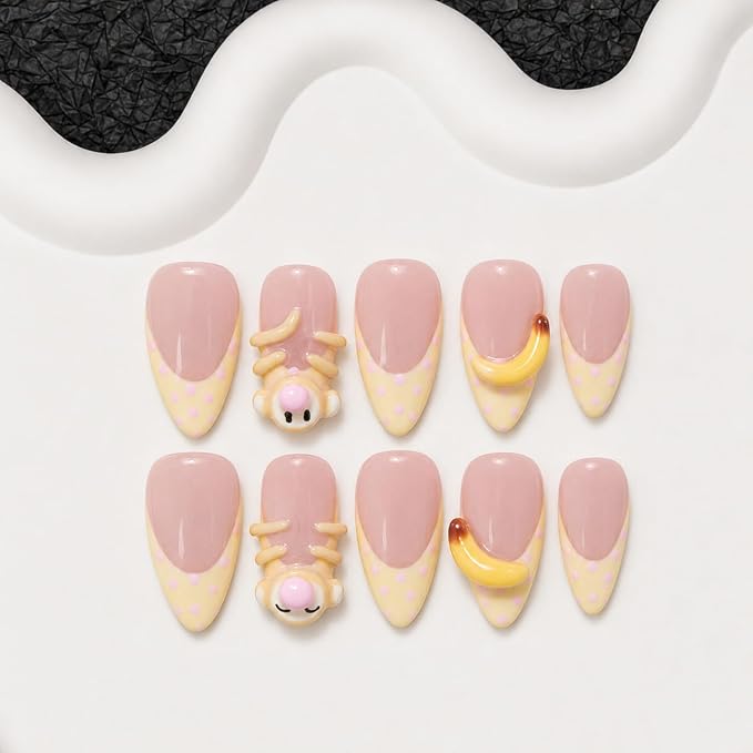 Handmade Press on Nails Thick Medium Almond False Nails with Monkey Shape Designs Muti-Layer Gel False Nail Full Cover Polka Dot French Tip Hand Made Acrylic Nails for Women (M)