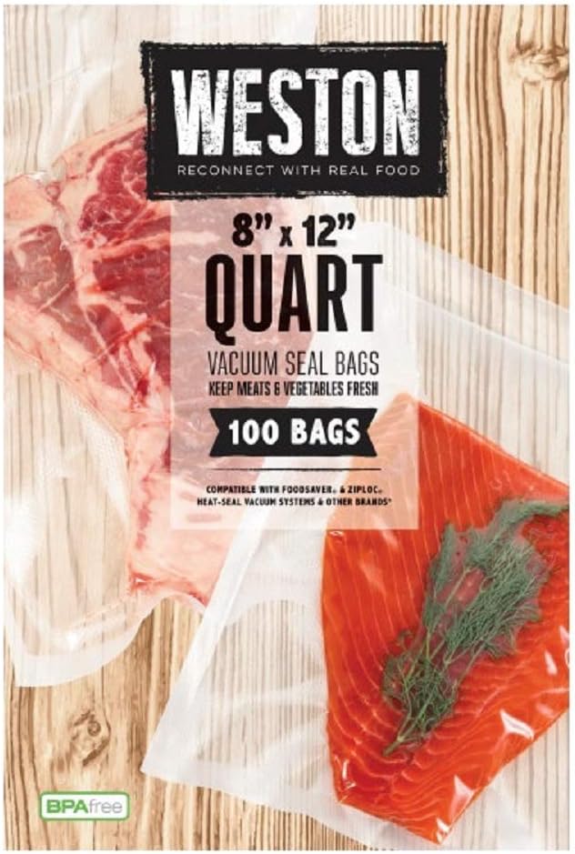 Weston 8" x 12" Quart Vacuum Sealer Bags For Meal Prep & Sous Vide | 2 Ply 3mm Thick | Compatible With NutriFresh & FoodSaver | BPA Free | 100 Count | Clear