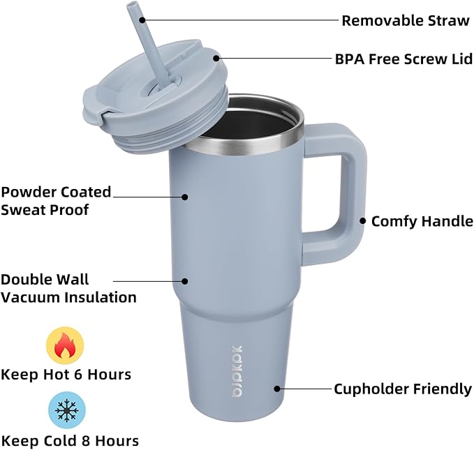 BJPKPK 30 oz Insulated Tumbler with Handle & Straw, Stainless Steel | Double Wall Vacuum Insulation, Leak Proof, BPA Free, Dishwasher Safe, Cupholder Friendly, Travel & Outdoor, Modern Blue