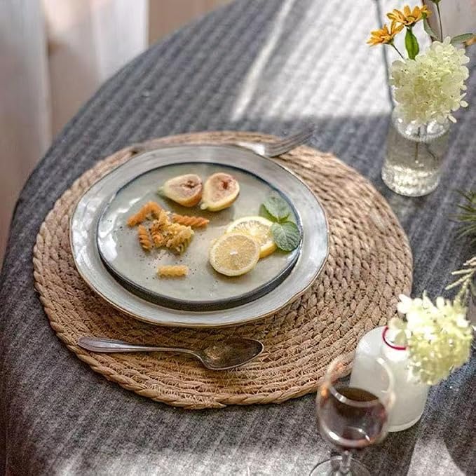 6Pcs 12" Round Woven Rattan Placemats,Natural Hand-Woven Water Hyacinth Placemats,Farmhouse Weave Place Mats,Rustic Braided Wicker Table Mats (12inch Set of 6)