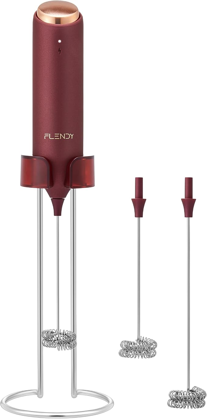 Flendy Rechargeable Milk Frother Handheld with Charging Stand | USB-C Charging Dock, 2 Detachable Double Whisk, Extra Long Mixer Wand, Wall Mount, Top Button, Compact Electric Stirrer