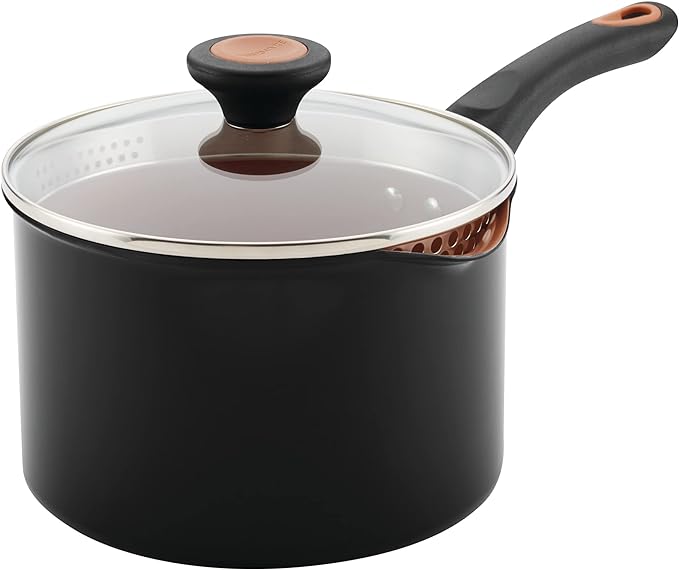 Farberware Glide Copper Ceramic Nonstick Straining Sauce Pan with Lid, 3-Quart, Black