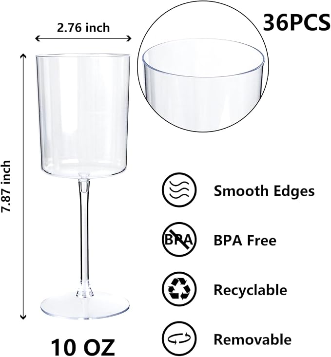 YOUBET 36Pack Plastic Wine Glasses - 10 oz Clear Disposable Wine Cups | Square Plastic Wine Glasses with Stem for Wedding Party Anniversary