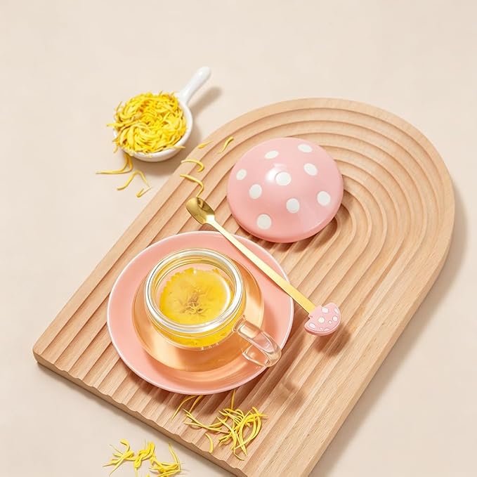 Mushroom Tea Cup Set, Cute Glass Tea Cups and Saucers, Kawaii Teacup with Infuser for Loose Leaf Tea Steeper, Coffee Mugs Birthday Gifts for Women, Tea Infuser Mug with Lid for Mother Girls (Orange)