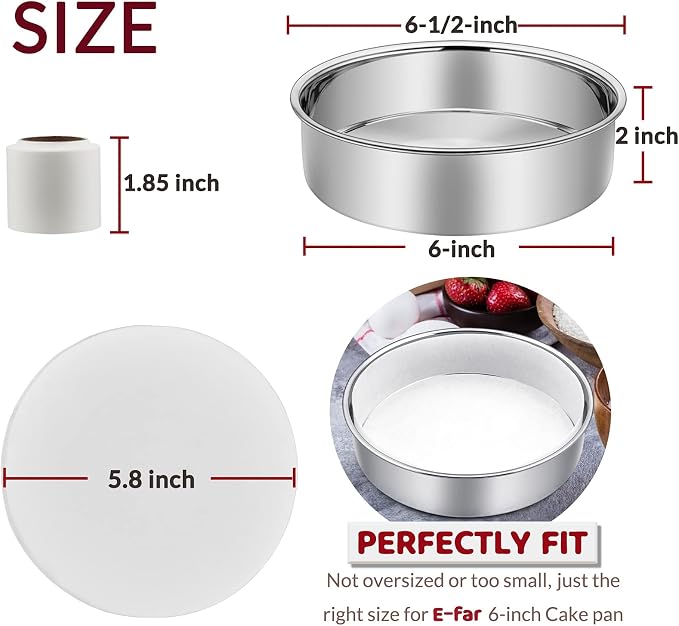 6 Inch Cake Pan Set of 3, E-Far Stainless Steel Round Layer Smash Cake Baking Pans with Parchment Rounds & Side Liner Roll, Non-Toxic & Healthy Metal Cakes Tin, Straight Side & Dishwasher Safe