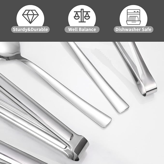 12 Piece Serving Utensils, Amafox Stainless Steel Serving Utensils Set Include Large Spoons, Slotted Spoons, Ktichen Tongs, Ice Tongs for Party Buffet Catering Banquet (Silver)