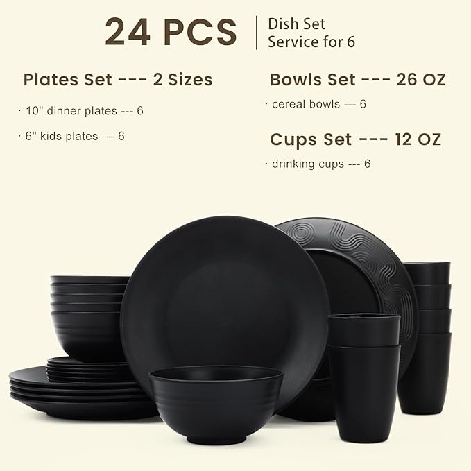 24-Piece Wheat Straw Dinnerware Sets,Service for 6 - Cups, Plates and Bowls Sets,Reusable Dishwasher and Microwave Safe Melamine Dinnerware Set for Home,Camping,RVs - Black
