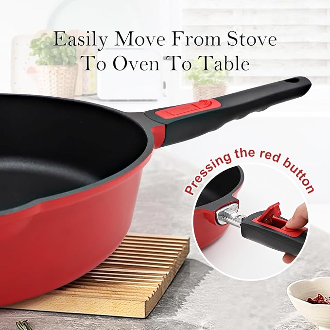 12 Inch Steamer Pan Nonstick, Deep Frying Pan Skillet with Lid, Red | Detachable Handle, Suitable for All Stoves, Including Induction, PTFE & PFAS & PFOA Free, Oven Safe