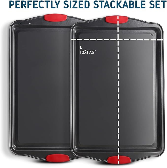 Baking Sheet Set, 2-Piece Large Cookie Sheet Set with Silicone Handles, Steel Baking Pan, Baking Sheets for Oven, BPA Free Nonstick Set, Half Sheet Pans, Black Baking Tray
