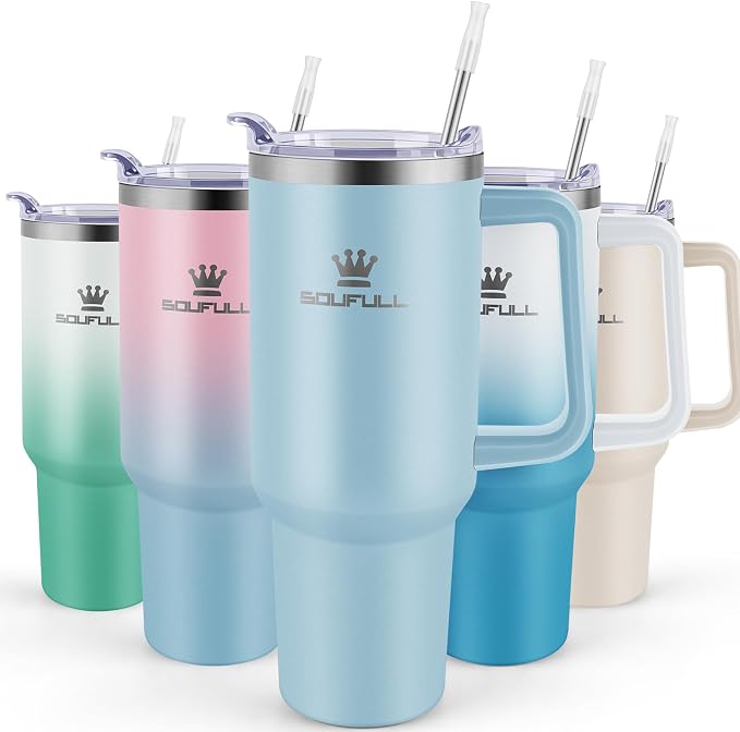Soufull 40 oz Tumbler with Handle and Straw Lid, 100% Leak-proof, SkyBlue | Stainless Steel Insulated Travel Coffee Cup, Keeps Cold 34Hrs or Hot 10Hrs, Dishwasher Safe