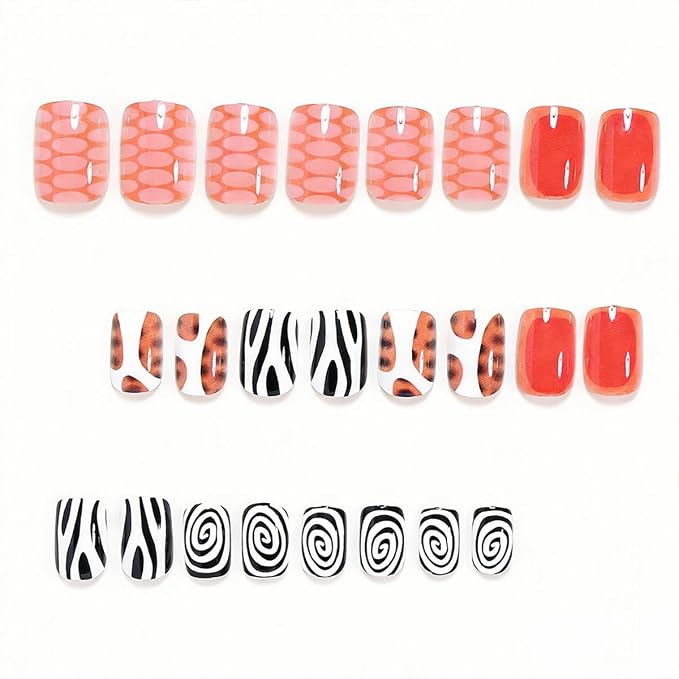 24Pcs Summer Press on Nails Short Square Fake Nails Orange False Nails Press ons Nail Kit with Swirl Striped Leopard Print Design Glossy Glue on Nails Full Cover Stick on Nail for Women Manicure