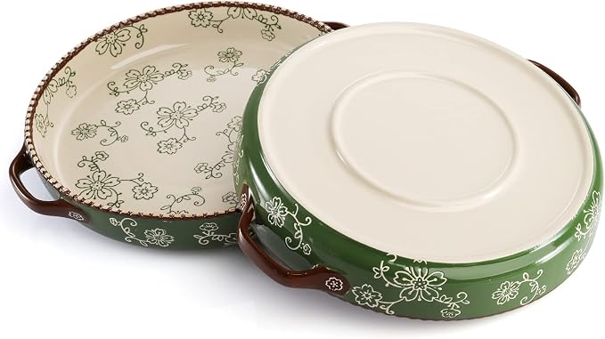 AVLA 2 Pack Ceramic Pie Pan, 9 Inch Round Baking Dish with Double Handle, 28 Ounce Deep Quiche Plates for Kitchen, Cooking, Roasting Lasagna (Sakura, Green)