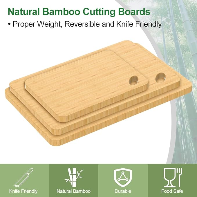 Viretang Wood Cutting Board Set of 3, Natural Bamboo, Hang Hole | Chopping Boards for Kitchen, Serving, Meal Prep, Charcuterie, Kitchen Tray for Raw Meat Fruit Cheese, Knife Friendly, Durable