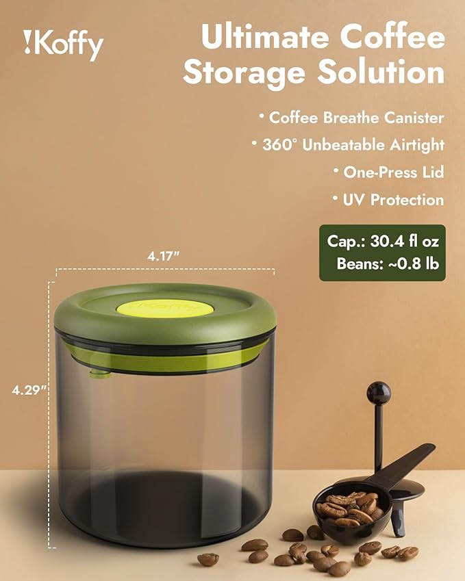 Vacuum Sealed Coffee Canister, 20.5oz Airtight Glass Jar | Borosilicate Glass, UV-Protective Tint, 360° Airtight Seal, One-Press Pop Top, for Coffee Beans & Grounds