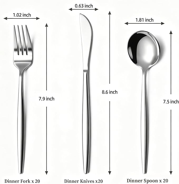 60-Piece Silverware Set for 20, Food Grade Stainless Steel Flatware Set with Thickened Forks Spoons Knives, Mirror Polished Cutlery for Home, Parties, Restaurant, Dishwasher Safe