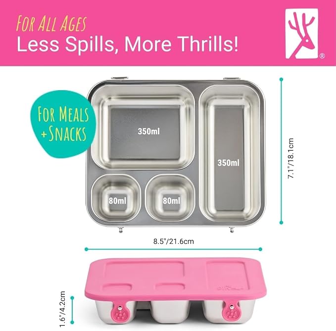 Elk and Friends Kids Stainless Steel Bento Box with Silicone Lid | Leak-proof | Toddler Lunch Container | 4 Compartments | Dishwasher Safe