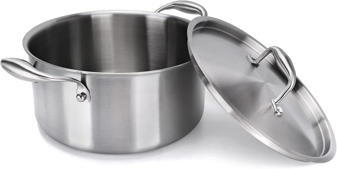6 Quart 5-Ply Clad Stainless Steel Stock Pot With Lid Fast Heat Conduction | 5ply Stainless Steel Pot Fully Clad Compatible with All Cooktops for Family Meals & Batch Cooking