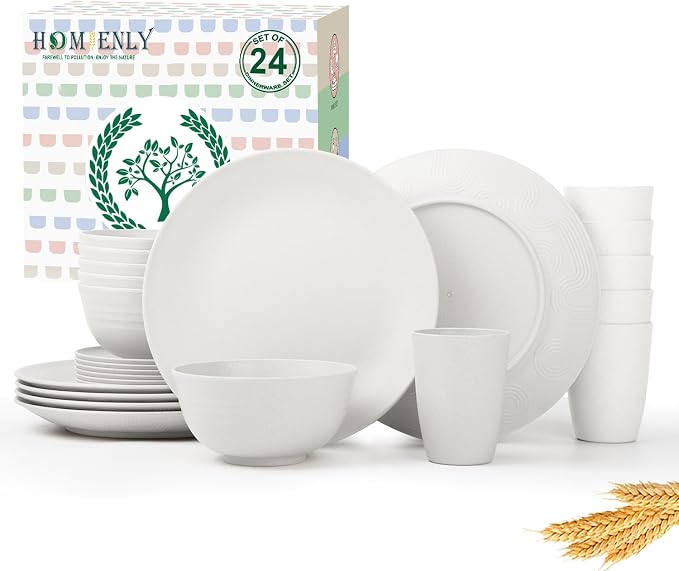 Premium Wheat Straw Dinnerware Sets - 24 PCS Dinner Plates,Plates,Cereal Bowls,Drinking Cups,Lightweight & Unbreakable Dishes Sets for 6,Dishwasher & Microwave Safe for Home - White