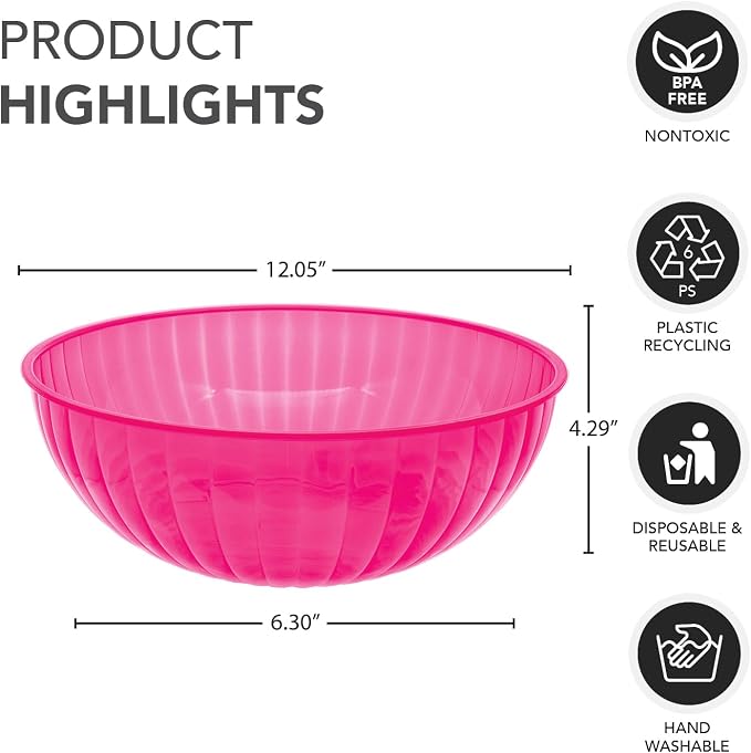 Party Essentials Hard Plastic 192-Ounce Serving Bowl, Neon Pink