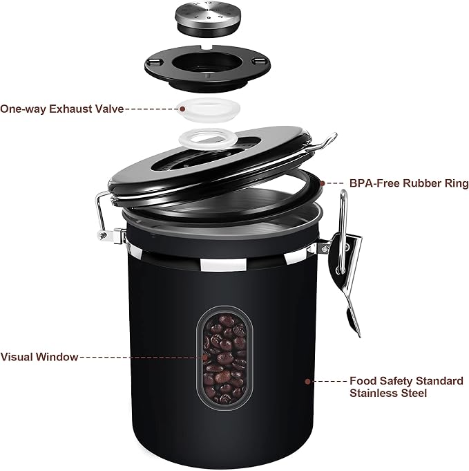1500ML Airtight Coffee Canister with Date Tracker&Transparent Window, 18OZ Coffe Beans Storage with 30ML Measure Spoon&4 co2 Valve, Coffee Container for Grounds Coffee, Beans, Tea, Sugar, Flour(Black)