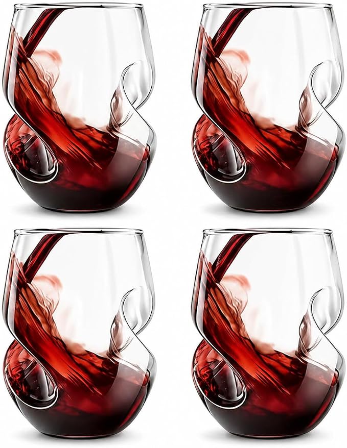 4 Pack Stemless Wine Glasses, 16 oz Handcrafted Clear Glass Set with Finger Indentations, Suitable for Everyday Use, Hosting, Evening Parties, and Celebrations