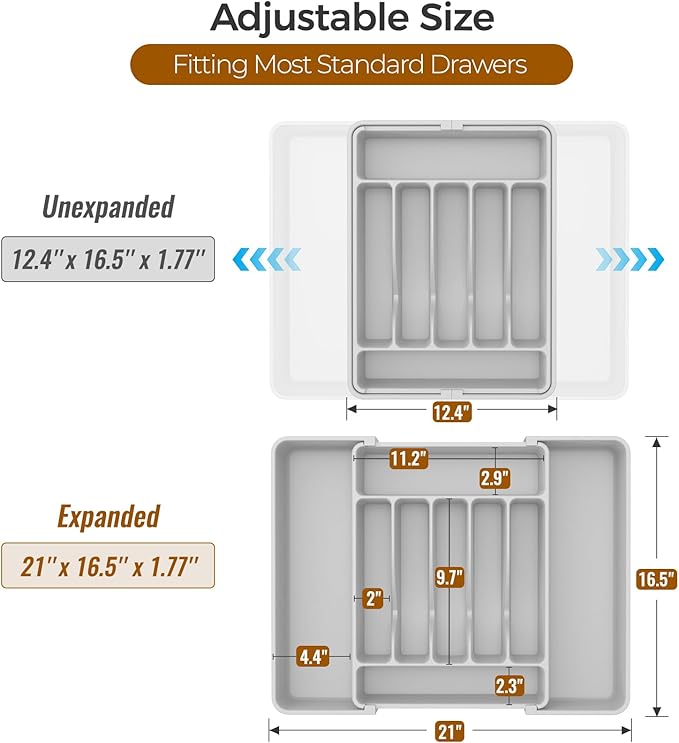 ukeetap Extra Large Expandable Silverware Organizer, Flatware Tray,Gray | BPA-Free Food-Safe Kitchen Utensil Cutlery Drawer Organizer, Adjustable Silverware Holder for Spoons Forks Knives