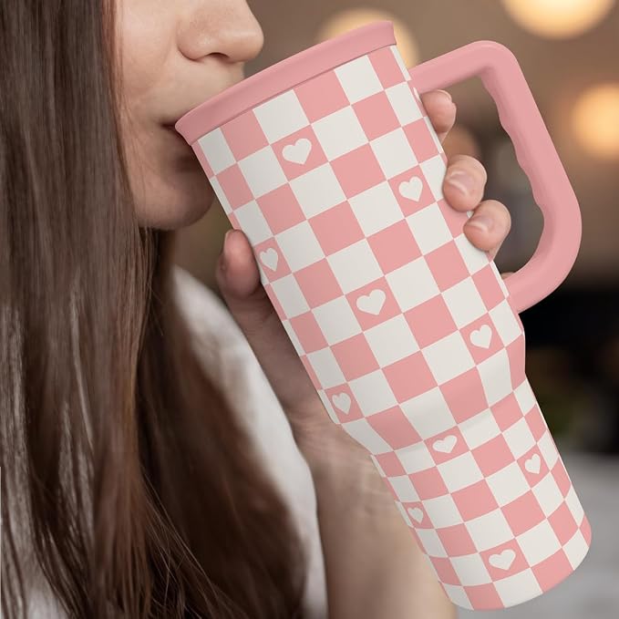 40oz Checkered and Heart Tumbler with Handle and Straw - Insulated Stainless Steel Travel Coffee Mug for Women Girls, Gift for Birthday, Christmas