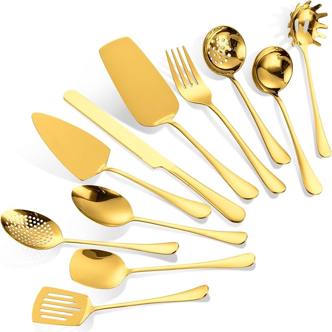 Gold Stainless Steel Kitchen Utensils Set 11 Pcs Cooking Utensils Hostess Serving Heat Resistant Kitchen Essentials Metal Kitchen Gadgets Accessories,for Buffet,Wedding,Party Dishwasher Safe
