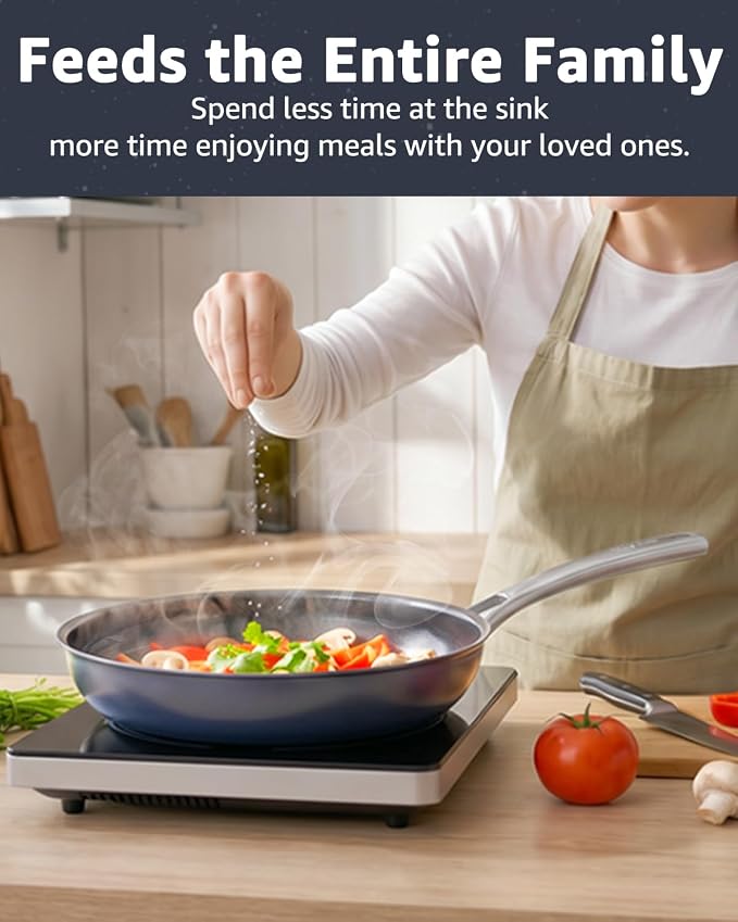 12 In Ceramic Nonstick Frying Pan, Tri-Ply Stainless Steel Skillet | PFOA/PFOS Free Cookware, Induction & Oven Compatible, Detachable Handle, Metal Utensils Safe, Compatible for 3-4 People