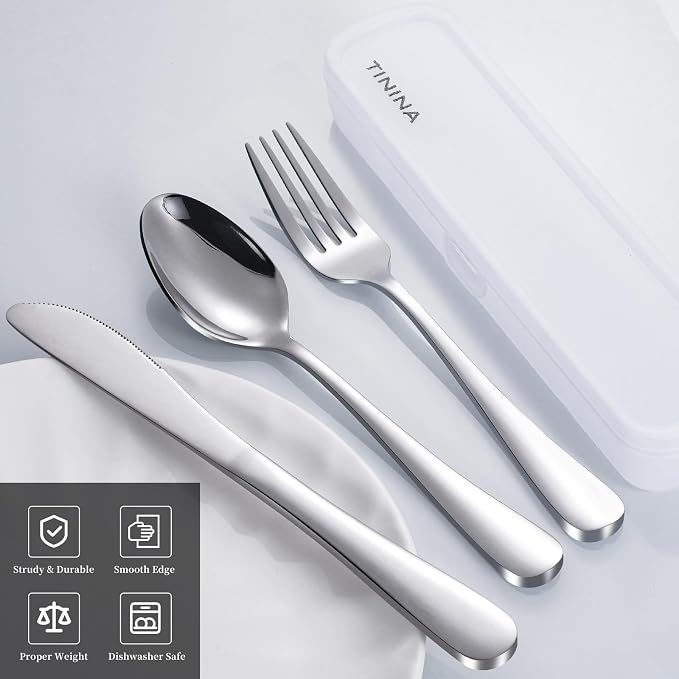 Travel Utensils with Case, 4-Piece Stainless Steel Portable Cutlery Set, Reinforced Case with Buckle Design, Lunch Box for Camping Work School, Include Fork Spoon Knife, Dishwasher Safe, Silver