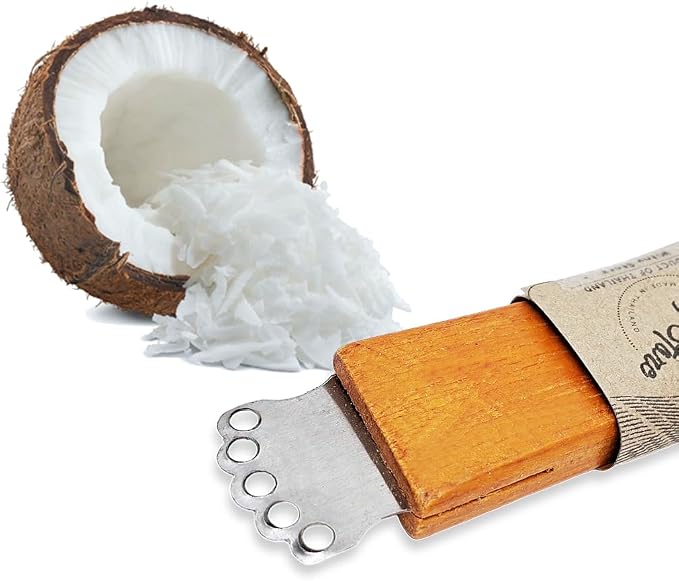 WitnyStore 6¾" Long 2 Blades Wooden Handle Coconut Grater - Vintage Traditional Thai Style Kitchen Tool Easy to Use Portable Stainless Steel Shredder Scraper Grinder Peeler Cooking Utensil Accessories
