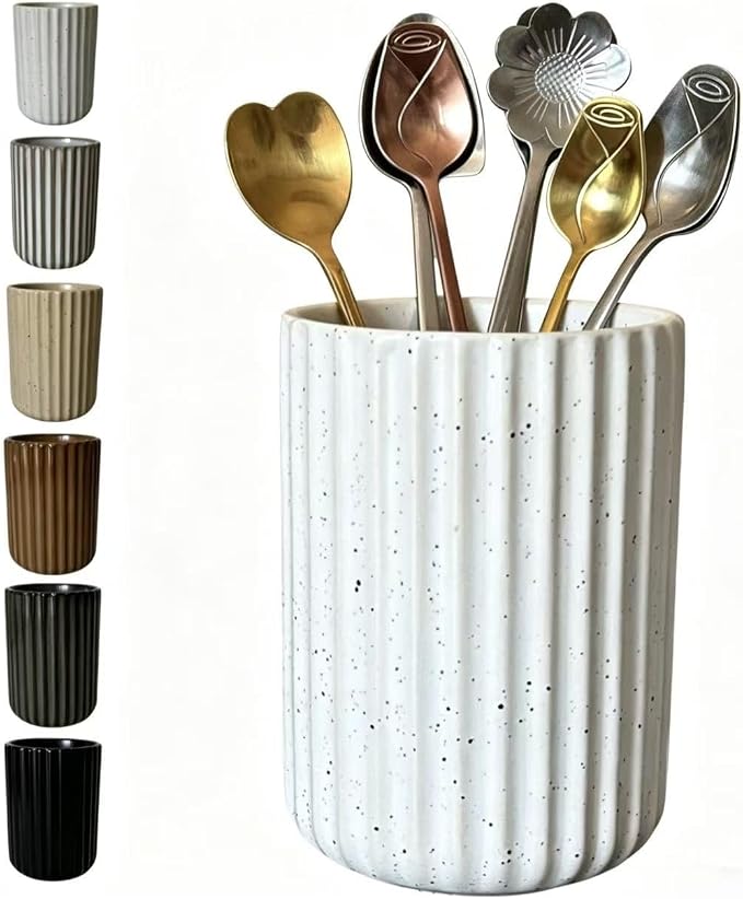 TOPYOKK Stoneware Coffee Bar Utensil Holder Tea & Coffee Spoon & Stirrer Holder for Stir Stick Straw Teaspoon Holder Espresso Spoon Cup Small Utensil Jar Fluted Vertical Stripe (Speckled White)