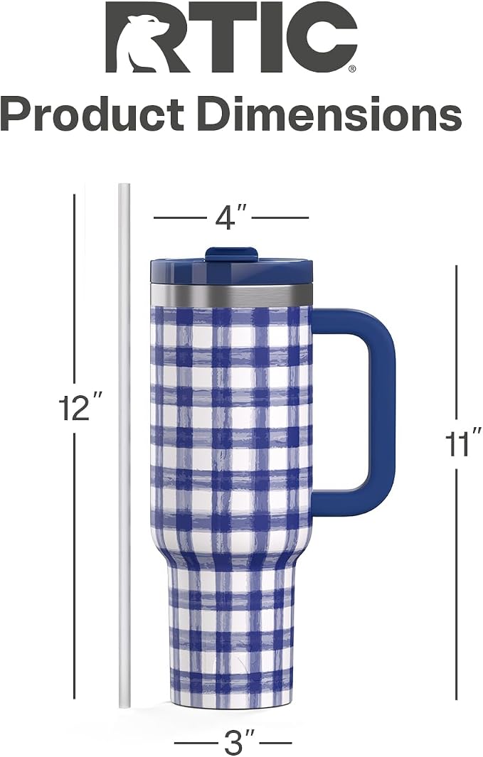 RTIC 40 oz Road Trip Tumbler Double-Walled Cermaic Lined Insulated Stainless Steel Portable Travel Coffee Mug Cup with Lid, Handle and Straw, Cobalt Gingham