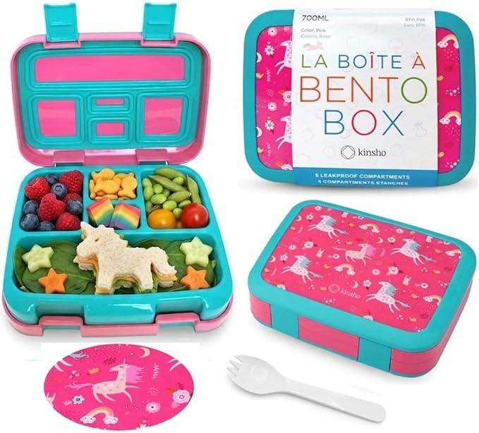 kinsho Bento Lunch Box Container, Pink Unicorn, Small Kids, Toddlers | 5 Portion Sections, BPA-Free Spill-Proof Leakproof Removable Plastic Tray, Daycare Pre-School Girls Snacks and Lunches