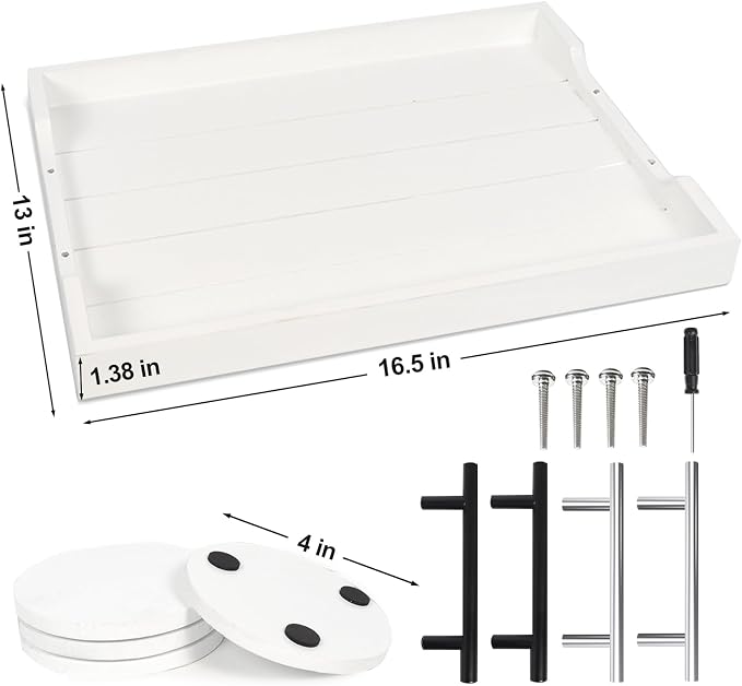 SXNOWS Wood Serving Tray with 2 Sets of Handles,White | Rectangle 16.5x13 Inch Ottoman Decorative Tray Platter for Coffee Table Living Room Bar Breakfast in Bed, 4 Coasters Included