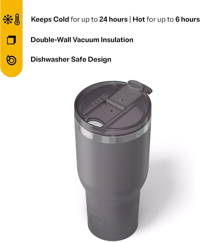 RTIC 40oz Essential Tumbler with Lid, Ceramic Lined, Graphite | Insulated, Stainless Steel Metal, Portable Travel Cup for Hot and Cold Drinks, Coffee, Car, Camping and Travel